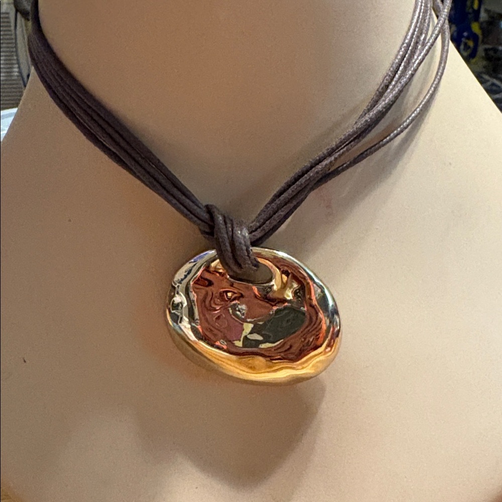 St.Thomas Gold Pendant Necklace with Brown Cord
